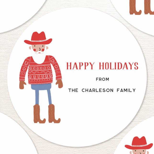 Sticker Rond Père Noël Cow-boy Noël (Fun Cowboy Santa Claus Western Christmas Holiday sticker custom text)