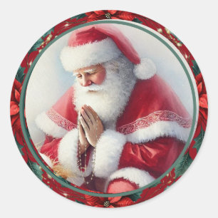 Sticker Rond Père Noël de Noël catholique avec Rosary Poinsetti
