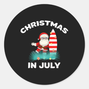 Sticker Rond Père Noël de Noël en Juillet Surf Hawaïen Bonbon