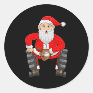 Sticker Rond Père Noël de Noël jouant au baseball receveur Xmas