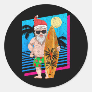 Sticker Rond Père Noël de surf d'été tropical Noël drôle
