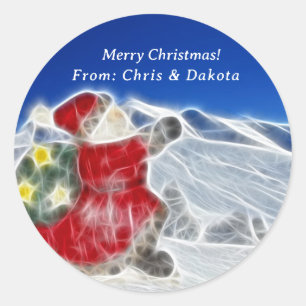 Sticker Rond Père Noël, Dévalant la Neige Noël