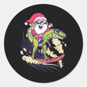 Sticker Rond Père Noël Dinosaure Surfant T-rex Dino Été Noël