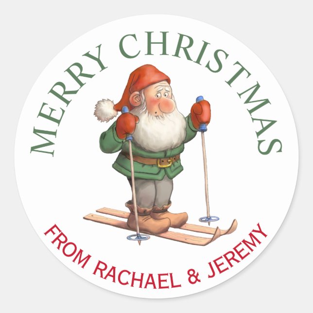 Sticker Rond Père Noël Elf sur ski Joyeux Noël (Devant)