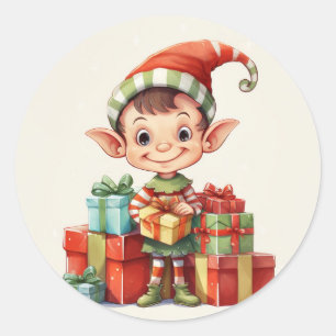 Sticker Rond Père Noël Elfe de Noël avec cadeaux