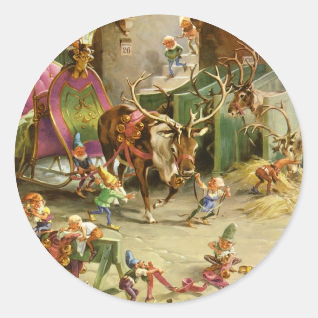 Sticker Rond Père Noël Elfes prêt sa sangle et son renne (Devant)