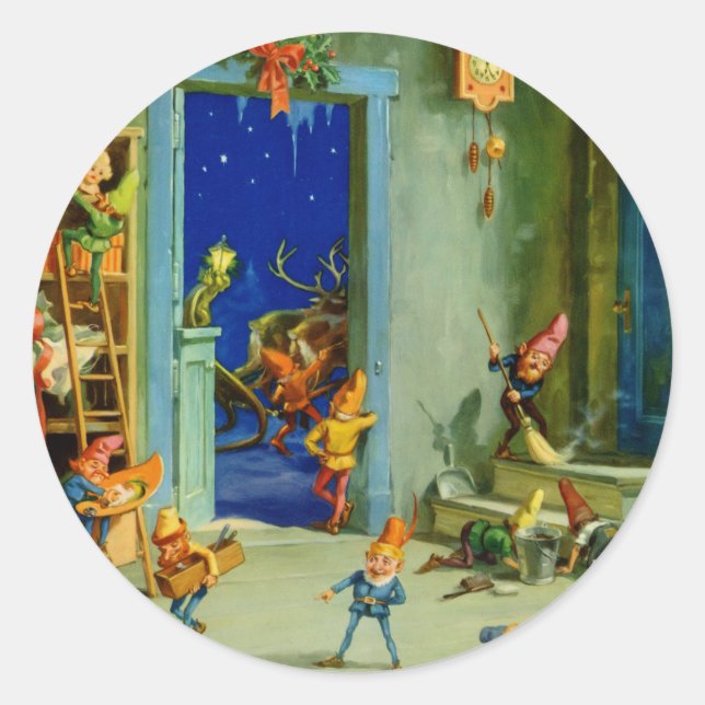 Sticker Rond Père Noël Elves dans son atelier sur la veille de  (Devant)