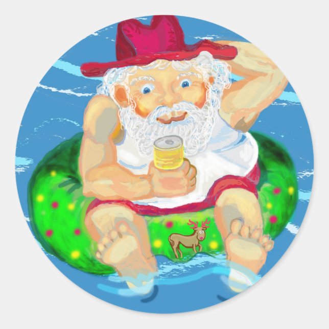 Sticker Rond Père Noël en vacances (Devant)