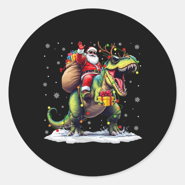 Sticker Rond Père Noël équitation Dinosaur T Rex Christmas Boys (Devant)