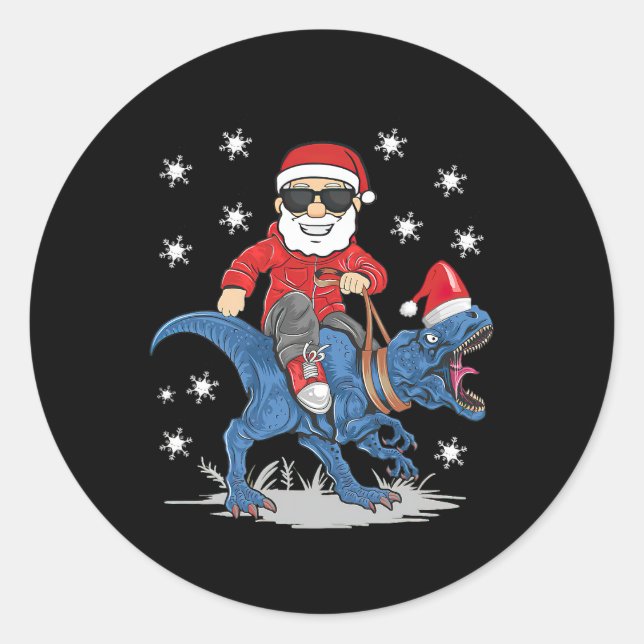Sticker Rond Père Noël équitation Dinosaur T rex Christmas Boys (Devant)