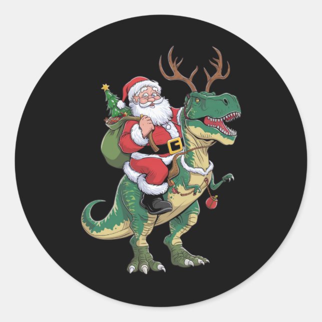 Sticker Rond Père Noël équitation Dinosaur T-Rex Noël Escadron  (Devant)