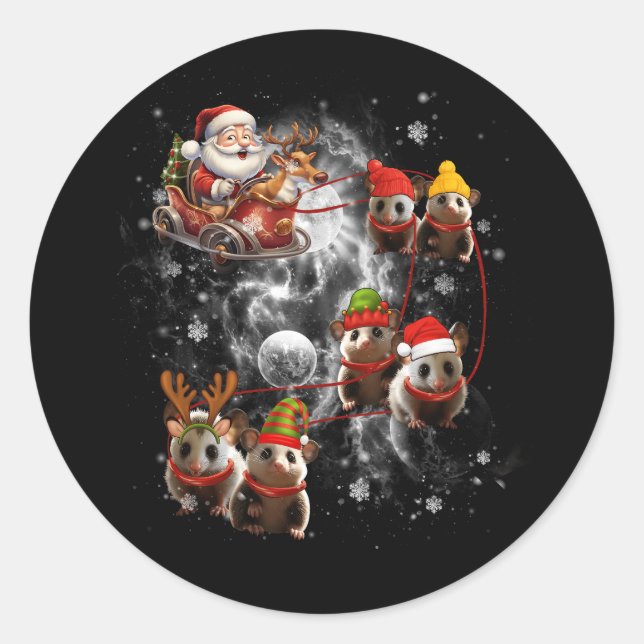 Sticker Rond Père Noël équitation Opossum Reindeer Sleigh Chris (Devant)