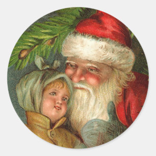 Sticker Rond Père Noël et cartes de Noël vintages d'art de