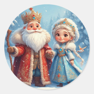 Sticker Rond Père Noël et Fée des Neiges célébrant Noël