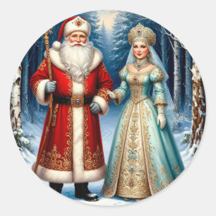 Sticker Rond Père Noël et Fée des Neiges célébrant Noël