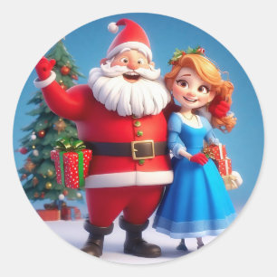 Sticker Rond Père Noël et la Fée des Neiges célébrant Noël