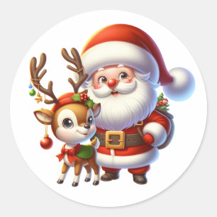 Sticker Rond Père Noël et Reindeer Cute Cartoon Noël
