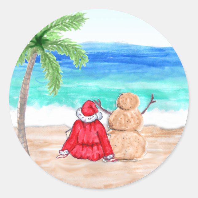 Sticker Rond Père Noël et Reindeer sur la plage (Devant)