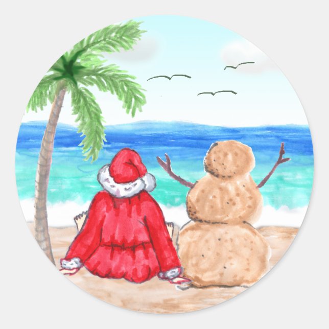 Sticker Rond Père Noël et Snowman amusants sur la plage Noël (Devant)