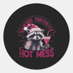 Sticker Rond Père Noël Favori Hot Mess Noël Funny Raccoon