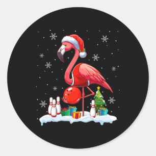 Sticker Rond Père Noël Flamant rose Jouer Bowling Xmas Joueur L