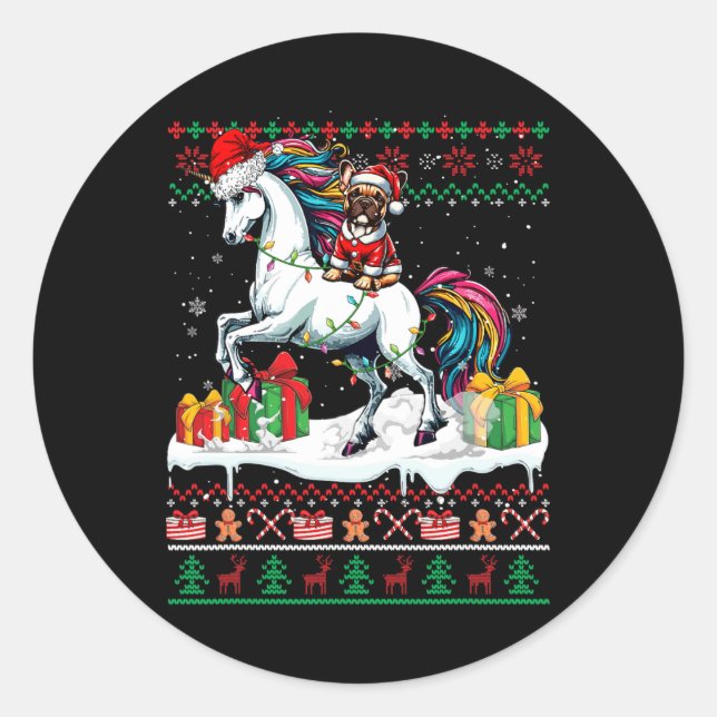 Sticker Rond Père Noël French Bulldog équitation Unicorn Christ (Devant)