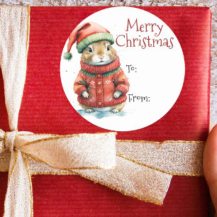 Sticker Rond Père Noël hamster aquarelle chapeau cadeau de Noël