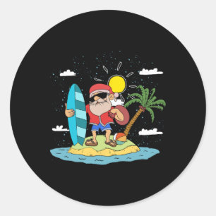 Sticker Rond Père Noël Hawaïen Été Cool Surfant Noël