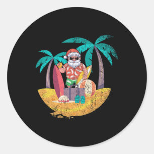 Sticker Rond Père Noël Hawaïen Noël Tropical Été Surf Christmas