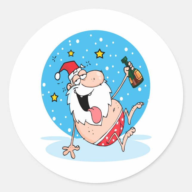 Sticker Rond père Noël ivre drôle en vacances (Devant)