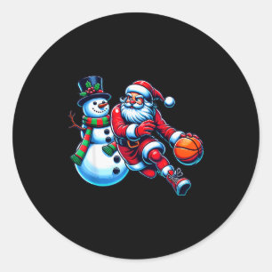 Sticker Rond Père Noël jouant au basket avec un bonhomme de nei