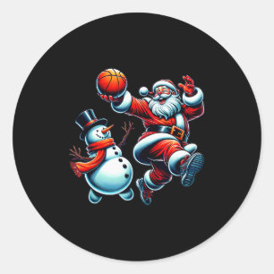 Sticker Rond Père Noël jouant au basket avec un bonhomme de nei