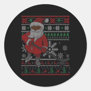 Sticker Rond Père Noël jouant au hockey noir afro-américain S d