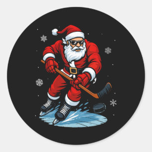 Sticker Rond Père Noël jouant au hockey sur glace Xmas drôle de