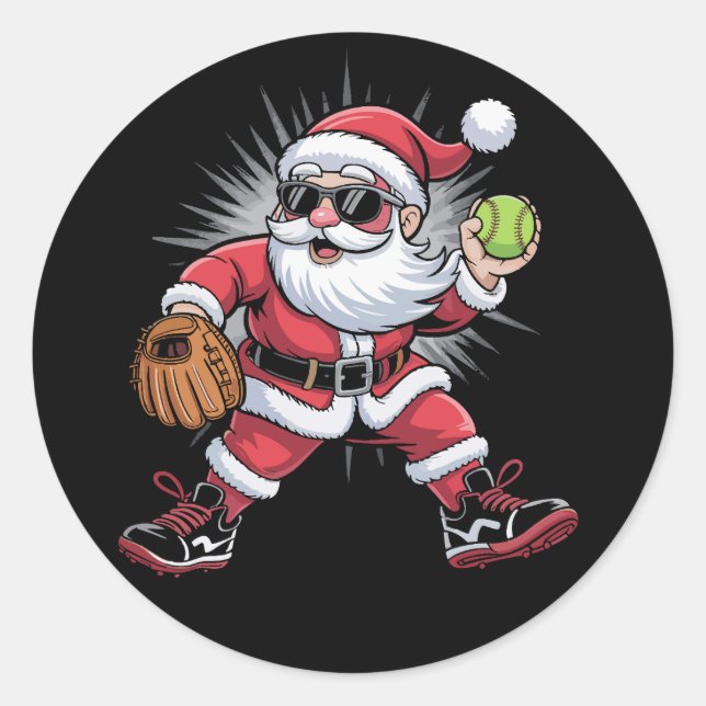 Sticker Rond Père Noël Jouer au softball comme Pitcher Christma (Devant)