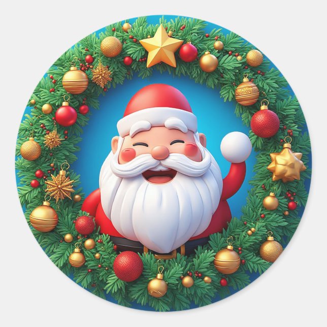 Sticker Rond Père Noël joyeux avec Noël enneigé (Devant)