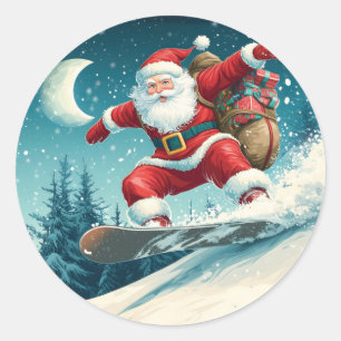 Sticker Rond Père Noël livre des cadeaux de Noël sur snowboard