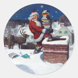 Sticker Rond Père Noël Livres à Noël,