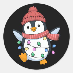 Sticker Rond Père Noël manchot Lumières Noël Manchots Xmas