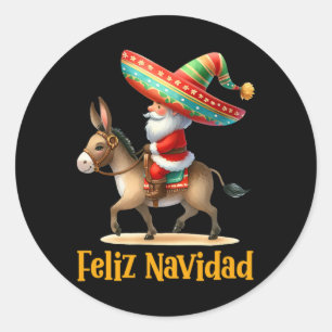 Sticker Rond Père Noël mexicain à cheval sur un âne Noël Navida