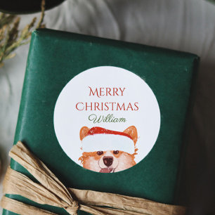 Sticker Rond  père Noël Orange Corgi Joyeux Noël Personnalis