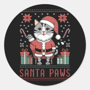 Sticker Rond Père Noël Paws Chat Santa Hat Noël Kitten Xmas Ugl