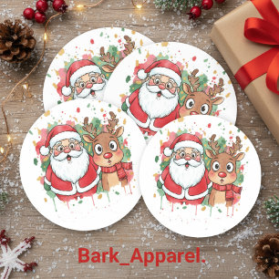 Sticker Rond Père Noël personnalisé et rennes aquarelle Noël