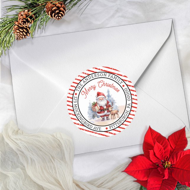 Sticker Rond Père Noël | Reindeer Christmas Circle Adresse de r (Add a festive touch to your holiday correspondence with this Santa and Reindeer Envelope Seal)