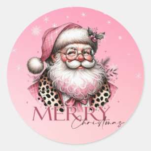 Sticker Rond Père Noël Rétro Joyeux Noël En rose