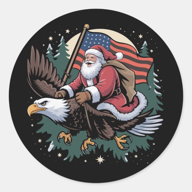 Sticker Rond Père Noël Riding Eagle USA Drapeau Noël (Devant)
