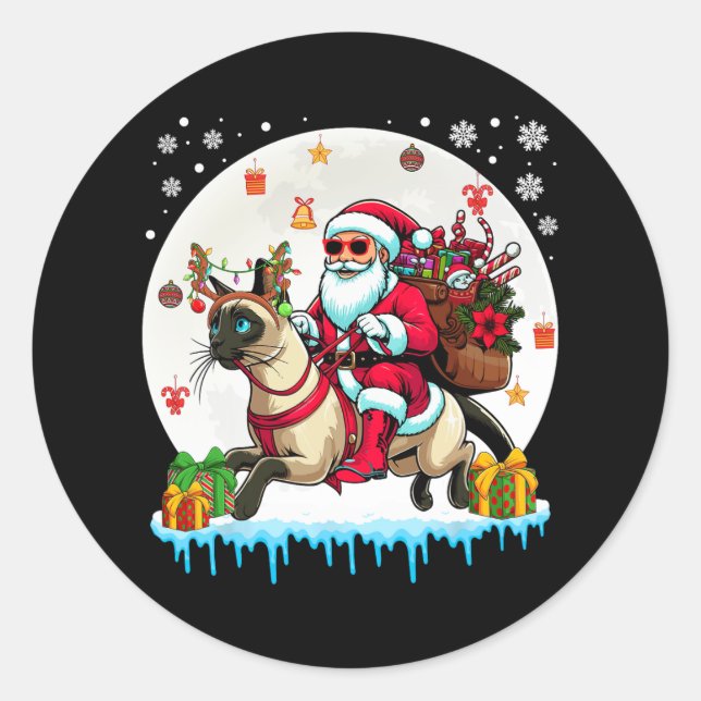 Sticker Rond Père Noël Riding Reindeer Birman Chat Noël Proprié (Devant)
