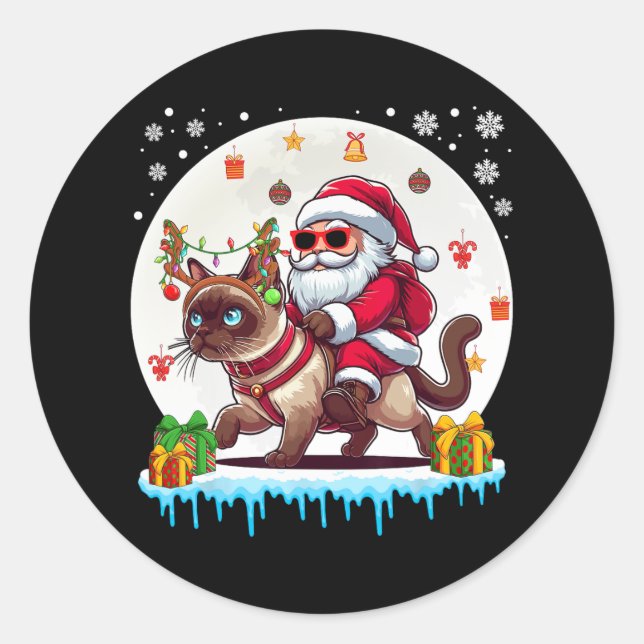 Sticker Rond Père Noël Riding Reindeer Siamese Chat Noël Propri (Devant)