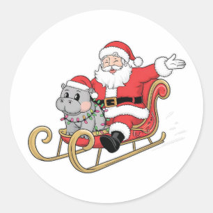 Sticker Rond Père Noël Riding Sleigh avec Moo Deng Baby Hippo