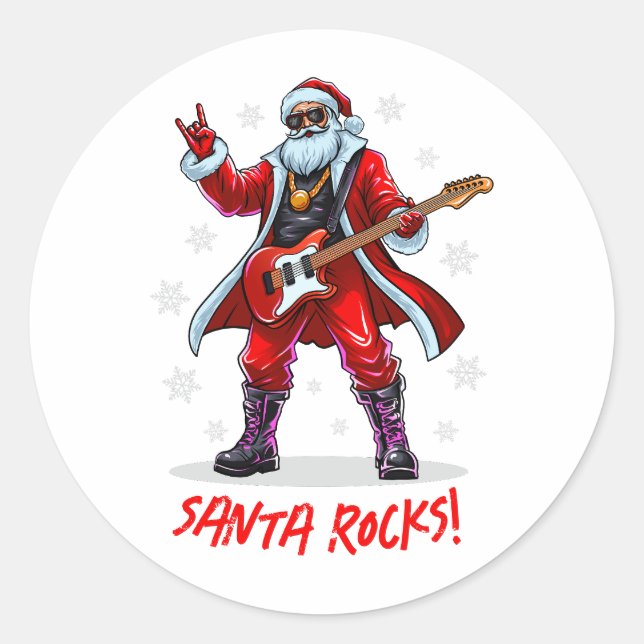 Sticker Rond Père Noël Rocks ! Funny Père Noël jouant de la gui (Devant)